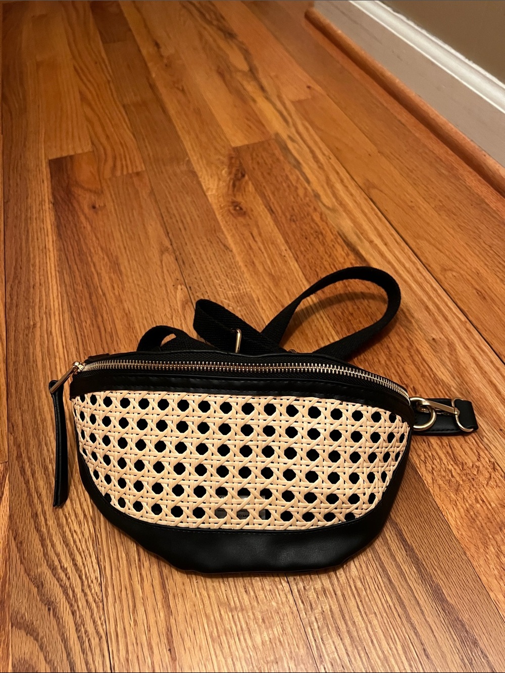 Black and Natural Woven Crossbody Belt Bag